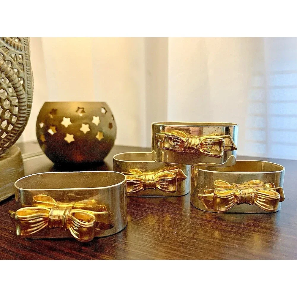 Vintage Regal Quality Silver Plated Napkin Rings Gold Bow Set of 4 Hong Kong